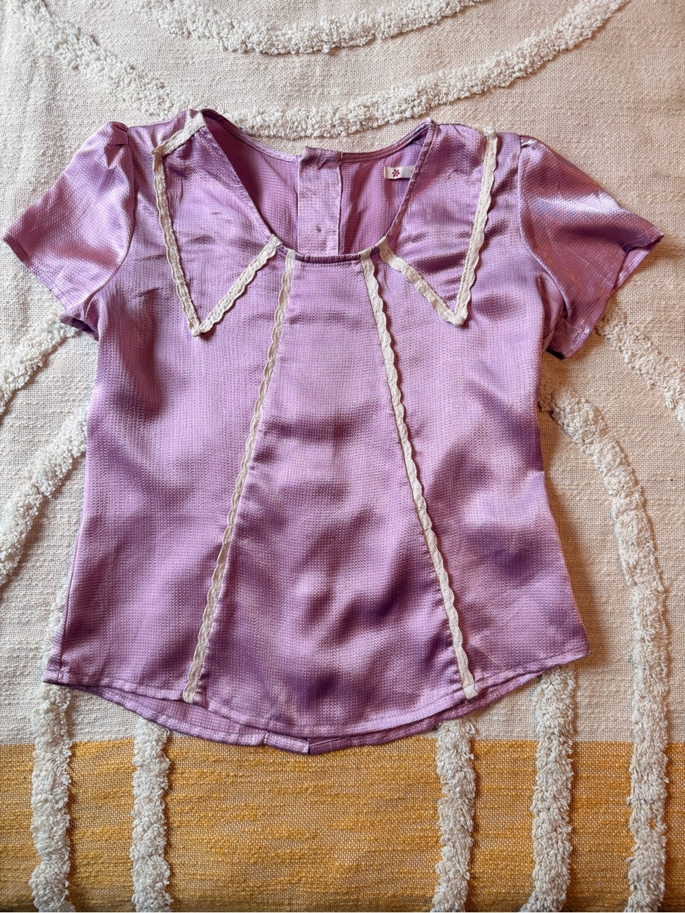 Tulle Lilac Short-Sleeve Blouse with Cream Lace Trim Bow Small